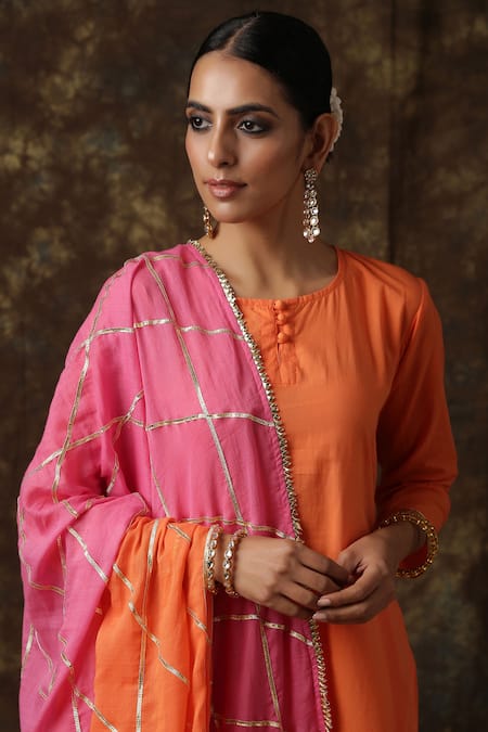 Buy_Maison Shefali_Orange , Mul Embroidered Kurta Sharara Set _Online_at_Aza_Fashions