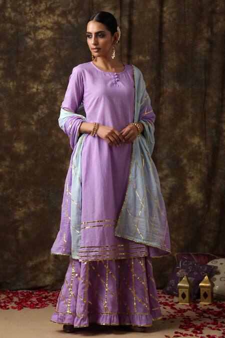 Maison Shefali_Purple Cotton Embroidered Kurta Sharara Set _Online_at_Aza_Fashions