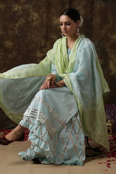 Maison Shefali_Blue Cotton Embroidered Kurta Sharara Set _Online_at_Aza_Fashions