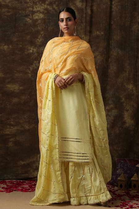 Maison Shefali_Yellow Cotton Embroidered Kurta Sharara Set _Online_at_Aza_Fashions