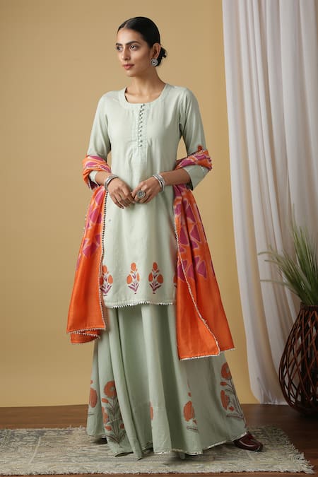 Maison Shefali_Green Cotton, Chanderi Printed Kurta Lehenga Set _Online_at_Aza_Fashions