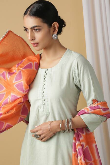 Buy_Maison Shefali_Green Cotton, Chanderi Printed Kurta Lehenga Set _Online_at_Aza_Fashions