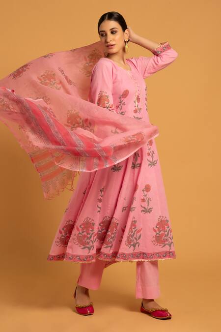 Maison Shefali_Pink Cotton Round Printed Anarkali Set_Online_at_Aza_Fashions