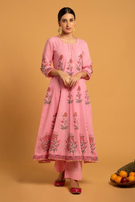 Buy_Maison Shefali_Pink Cotton Round Printed Anarkali Set_Online_at_Aza_Fashions