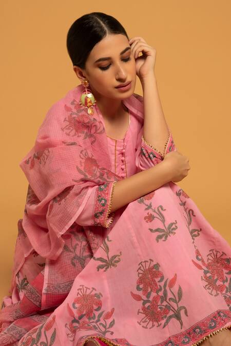 Shop_Maison Shefali_Pink Cotton Round Printed Anarkali Set_Online_at_Aza_Fashions