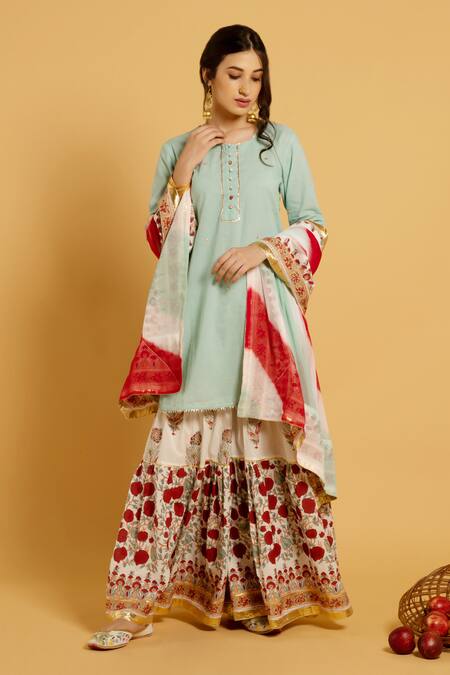 Buy Maison Shefali Green Cotton, Chiffon Round Kurta Set Online at Aza Fashions Buy_Maison Shefali_Green Cotton, Chiffon Round Kurta Set _Online_at_Aza_Fashions