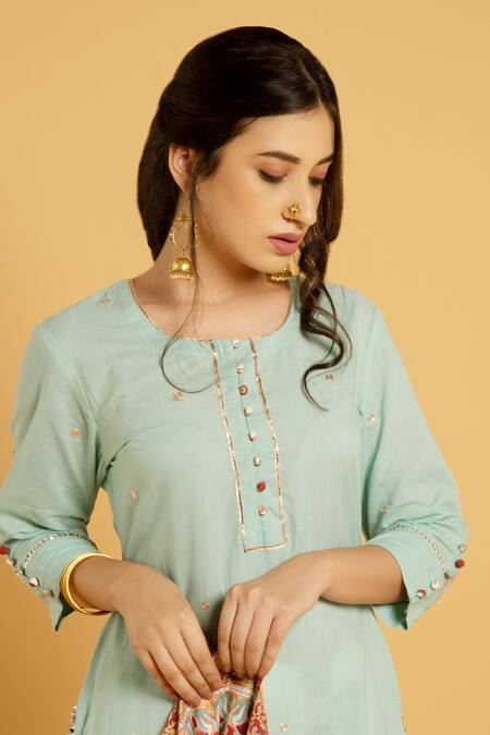 Shop Maison Shefali Green Cotton, Chiffon Round Kurta Set Shop_Maison Shefali_Green Cotton, Chiffon Round Kurta Set