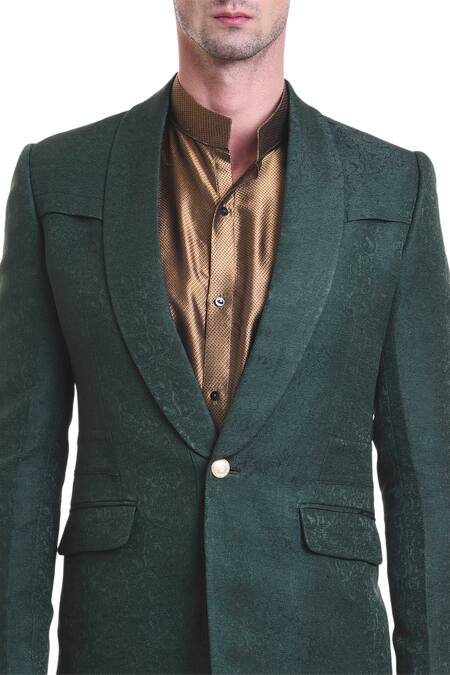 Shop_Saksham & Neharicka_Green Silk Brocade Textured Suit And Trouser Set_Online_at_Aza_Fashions