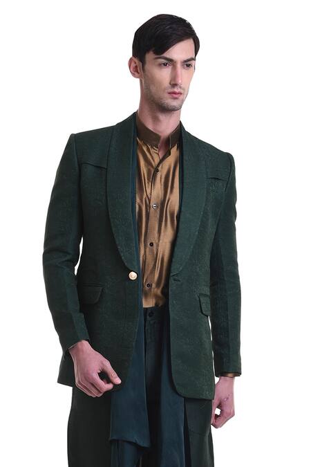 Saksham & Neharicka_Green Silk Brocade Textured Suit And Trouser Set_Online_at_Aza_Fashions