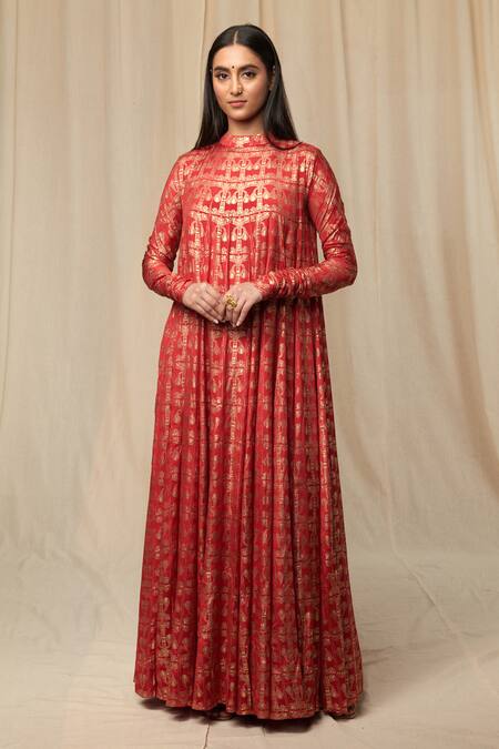 Masaba_Red Anarkali Chiffon Dupatta Chanderi Printed High Kurta Set _Online_at_Aza_Fashions