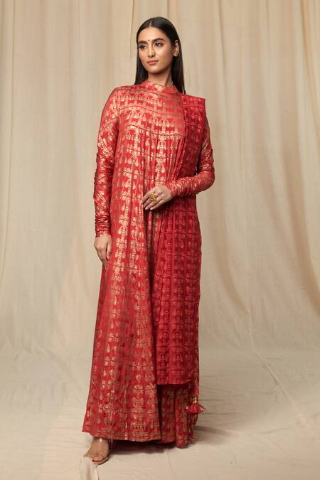 Shop_Masaba_Red Anarkali Chiffon Dupatta Chanderi Printed High Kurta Set _Online_at_Aza_Fashions