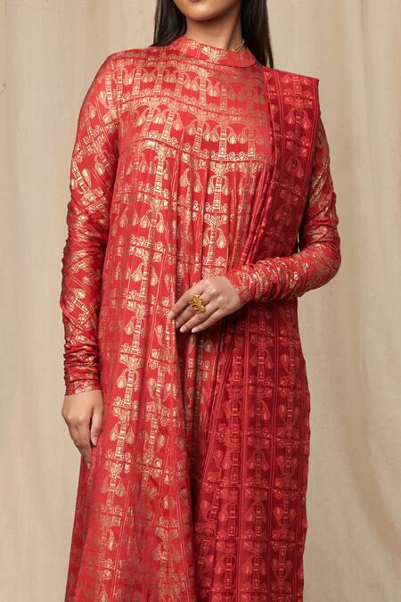 Buy_Masaba_Red Anarkali Chiffon Dupatta Chanderi Printed High Kurta Set 