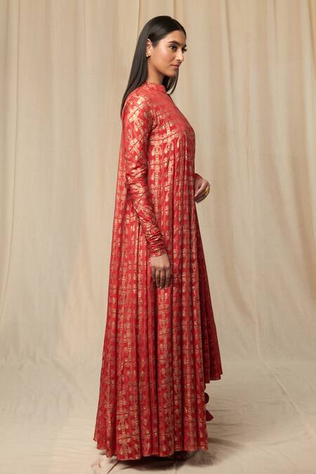 Masaba_Red Anarkali Chiffon Dupatta Chanderi Printed High Kurta Set _at_Aza_Fashions