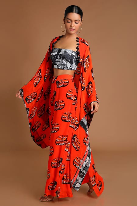 Masaba Orange Crepe Printed Cape And Pant Set