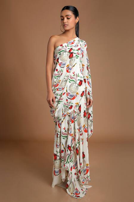 Buy_Masaba_White Crepe One Shoulder Draped Top With Skirt_Online_at_Aza_Fashions