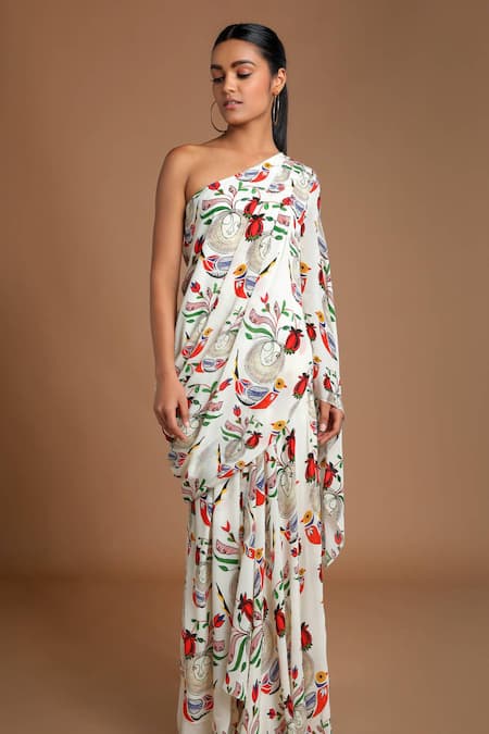 Masaba White Crepe One Shoulder Draped Top With Skirt