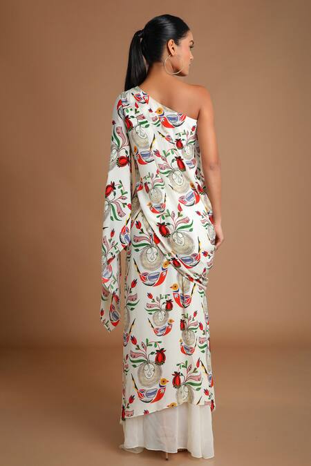 Shop_Masaba_White Crepe One Shoulder Draped Top With Skirt_at_Aza_Fashions