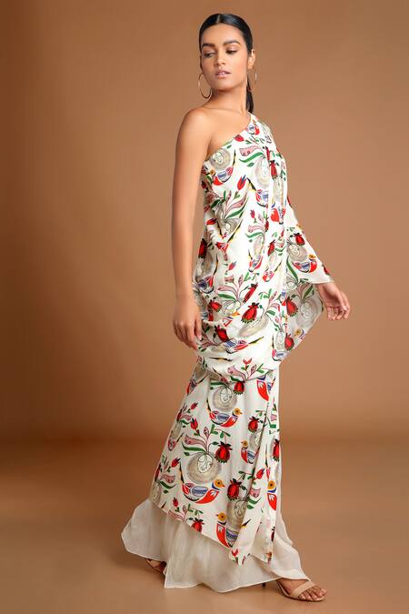 Masaba_White Crepe One Shoulder Draped Top With Skirt_Online_at_Aza_Fashions