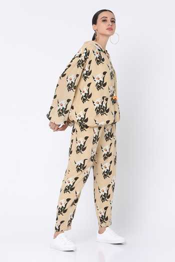 Masaba_Beige Crepe Blooming Flower Trackee Set_Online_at_Aza_Fashions