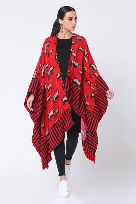 Buy_Masaba_Red Crepe Asymmetric Cow Print Jacket_Online_at_Aza_Fashions