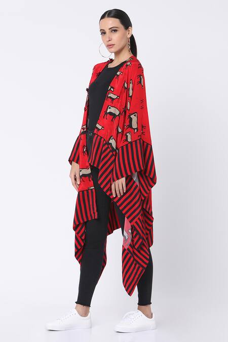 Shop_Masaba_Red Crepe Asymmetric Cow Print Jacket_Online_at_Aza_Fashions