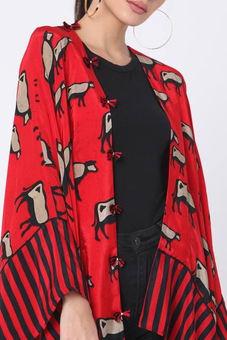 Masaba_Red Crepe Asymmetric Cow Print Jacket_at_Aza_Fashions