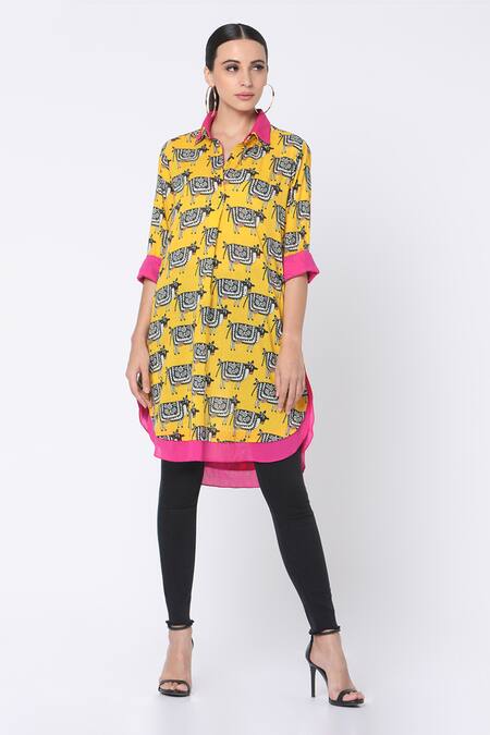 Masaba_Yellow Cotton Printed Asymmetric Short Tunic_Online_at_Aza_Fashions