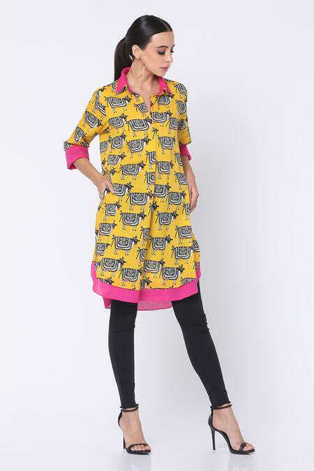Buy_Masaba_Yellow Cotton Printed Asymmetric Short Tunic_Online_at_Aza_Fashions