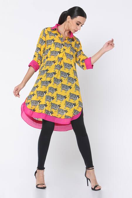 Shop_Masaba_Yellow Cotton Printed Asymmetric Short Tunic_Online_at_Aza_Fashions