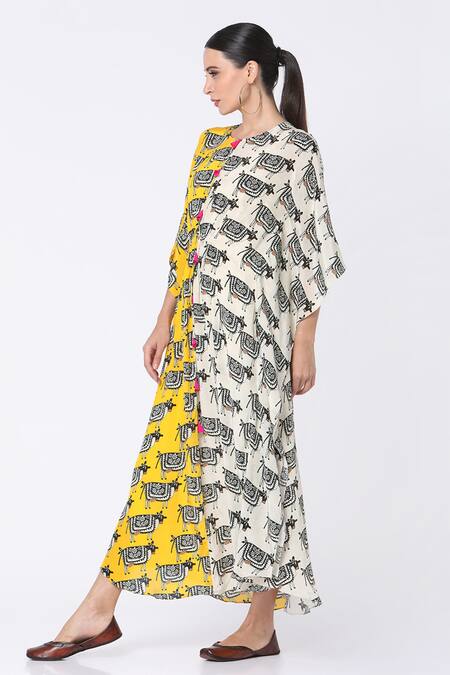 Masaba_White Crepe Round Printed Colorblock Kaftan_Online_at_Aza_Fashions