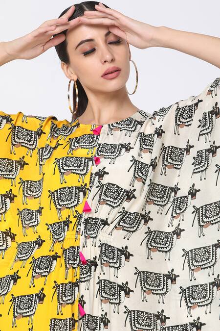 Masaba_White Crepe Round Printed Colorblock Kaftan_at_Aza_Fashions