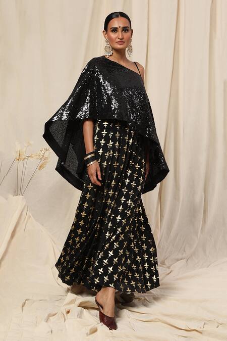 Masaba Black Cape And Foil Print Anarkali Set