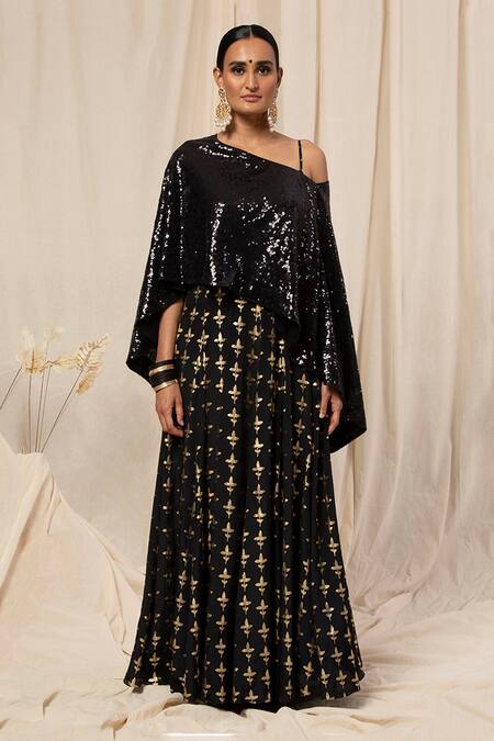 Masaba Black Cape And Foil Print Anarkali Set Online at Aza Fashions Masaba_Black Cape And Foil Print Anarkali Set_Online_at_Aza_Fashions