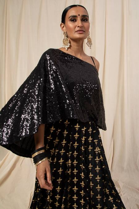 Shop Masaba Black Cape And Foil Print Anarkali Set Online at Aza Fashions Shop_Masaba_Black Cape And Foil Print Anarkali Set_Online_at_Aza_Fashions