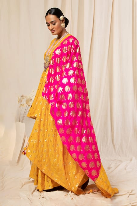 Shop_Masaba_Yellow Crepe Round Triangular Flower Sharara Set _Online_at_Aza_Fashions