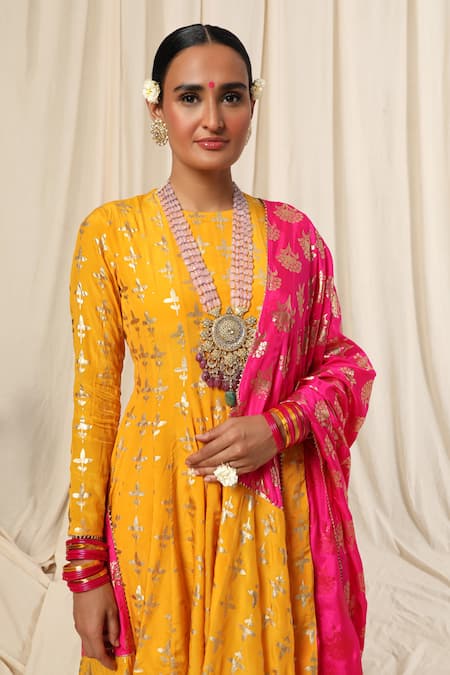 Masaba_Yellow Crepe Round Triangular Flower Sharara Set _at_Aza_Fashions