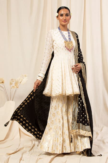 Masaba_White Crepe Round Vintage Bud Sharara Set _Online_at_Aza_Fashions