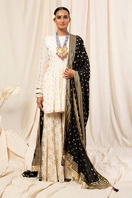 Buy_Masaba_White Crepe Round Vintage Bud Sharara Set _Online_at_Aza_Fashions