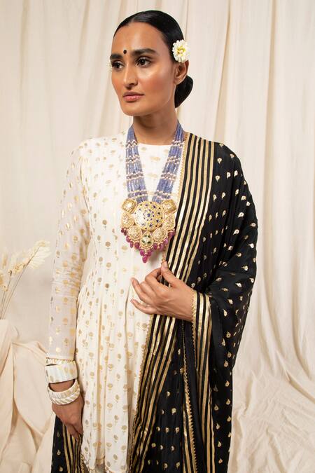 Masaba_White Crepe Round Vintage Bud Sharara Set _at_Aza_Fashions