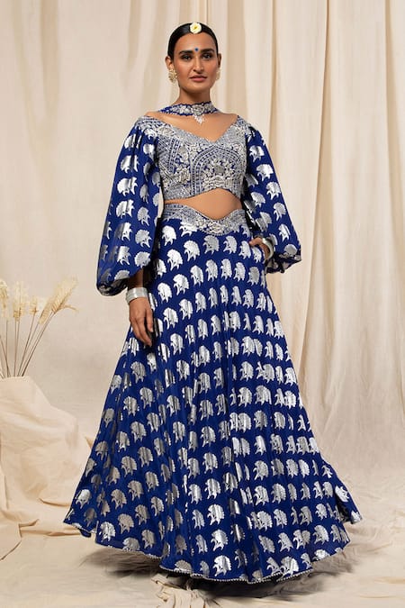 Masaba Blue Crepe Foil Print Lehenga Set