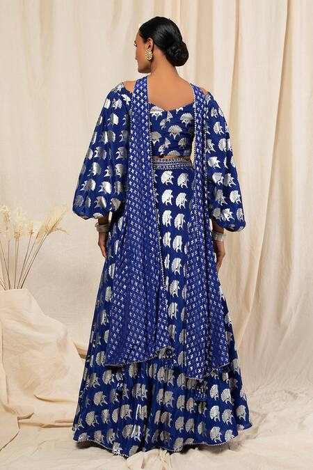Shop_Masaba_Blue Crepe Foil Print Lehenga Set_at_Aza_Fashions