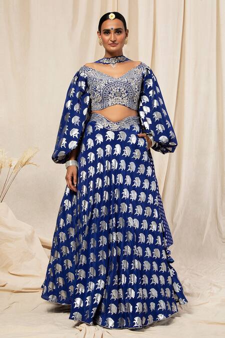 Masaba_Blue Crepe Foil Print Lehenga Set_Online_at_Aza_Fashions