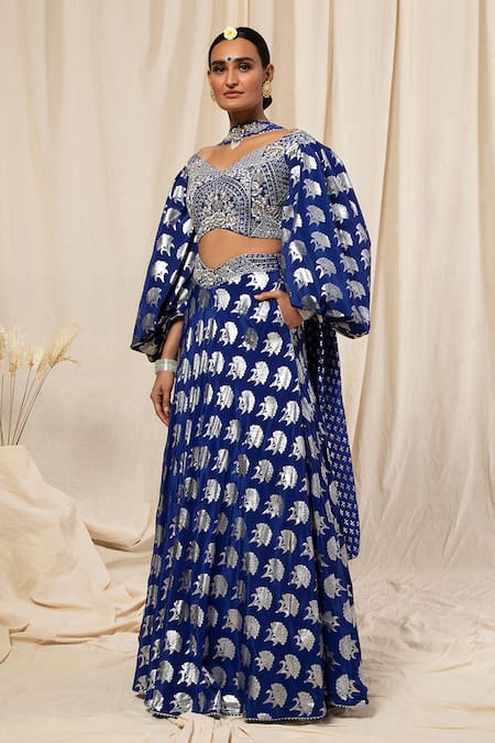 Buy_Masaba_Blue Crepe Foil Print Lehenga Set_Online_at_Aza_Fashions