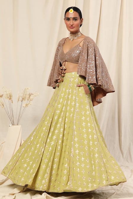 Masaba Green Crepe Cape And Foil Print Lehenga Set