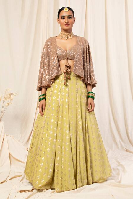 Masaba_Green Crepe Cape And Foil Print Lehenga Set_Online_at_Aza_Fashions