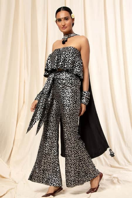 Masaba Black Crepe Foil Print Bandeau And Pant Set