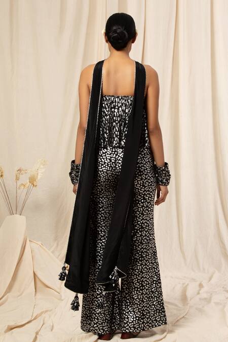 Shop_Masaba_Black Crepe Foil Print Bandeau And Pant Set_at_Aza_Fashions