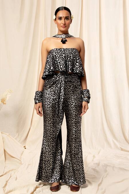 Masaba_Black Crepe Foil Print Bandeau And Pant Set_Online_at_Aza_Fashions