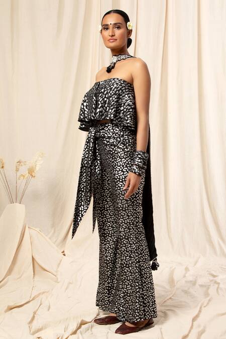 Buy_Masaba_Black Crepe Foil Print Bandeau And Pant Set_Online_at_Aza_Fashions