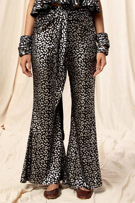 Masaba_Black Crepe Foil Print Bandeau And Pant Set_at_Aza_Fashions